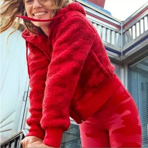 Offline by Aerie Red Camo Teddy Cropped Hoodie, shades of red, size S.